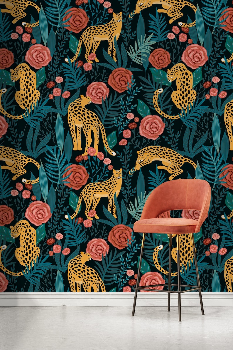 Tiger and Roses Garden Wallpaper / Peel and Stick Wallpaper Removable Wallpaper Home Decor