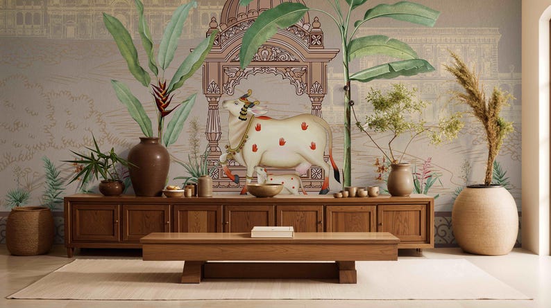 Spiritual Indian Landscape with Cow and Calf Wallpaper Peel and Stick Wallpaper for Home